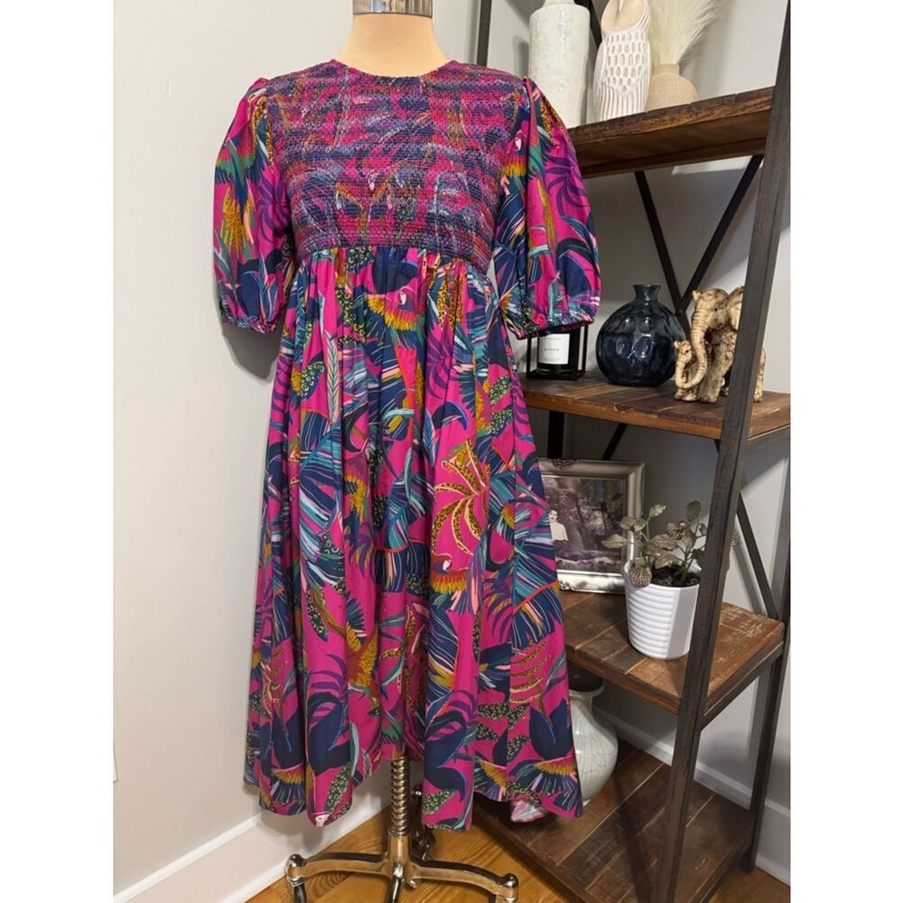 Farm Rio Rainbow Macaws Purple Puff Sleeve Smocked Midi Dress Women's SIZE XS - Picture 3 of 13